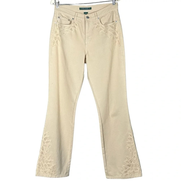 Lauren Jeans Co Size 6 Cream Denim Jeans Cropped Lace Equestrian Preppy Feminine - Picture 1 of 8